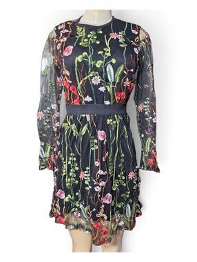 Black Floral Embroidered Mesh Long Sleeve Mini Dress Cottagecore Fairy S